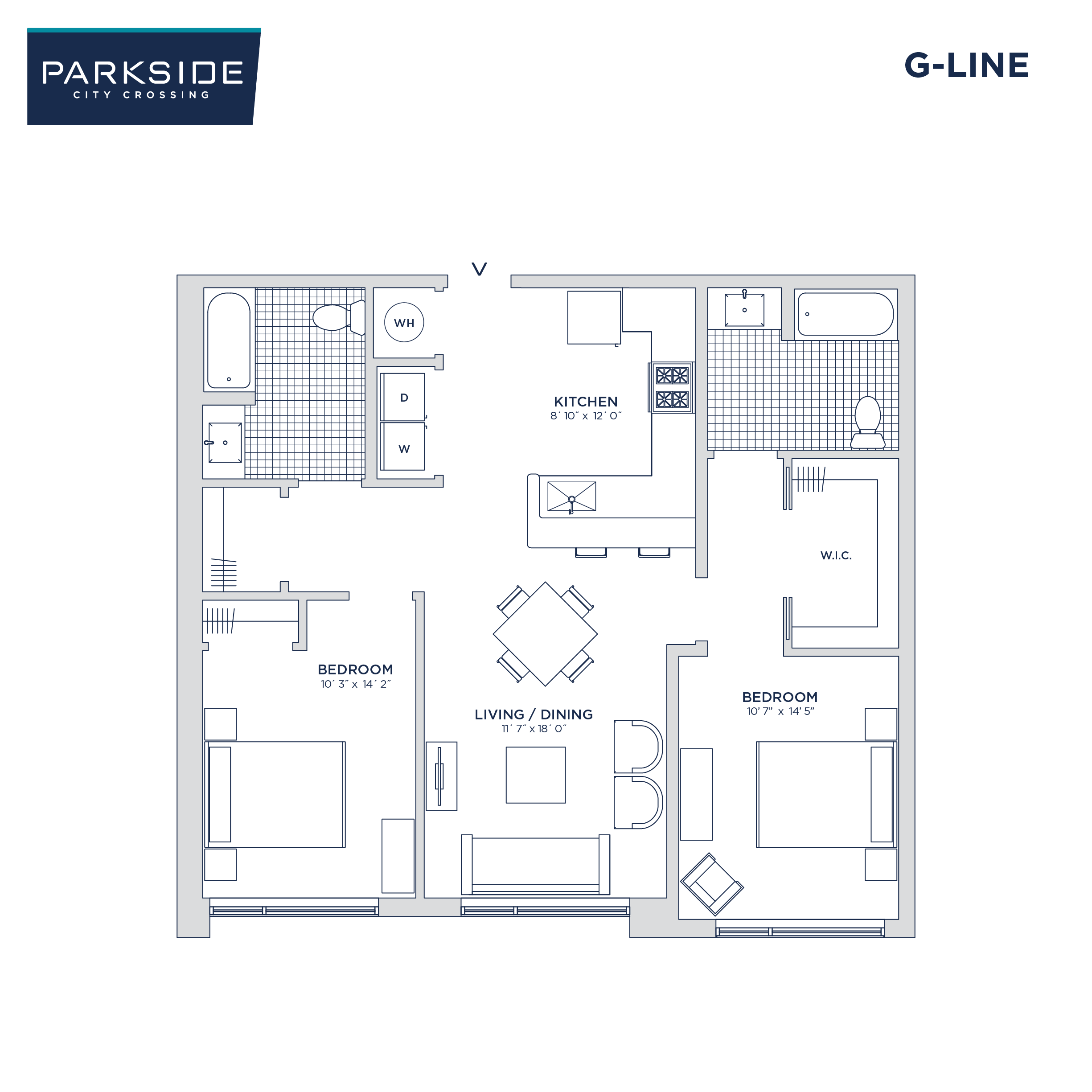 Floor plan for 2 beds, 2 baths, 965 sqft